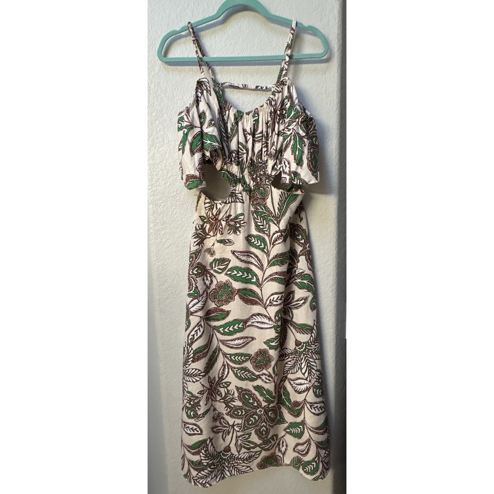 ZARA Linen Blend Floral Print Cut Out Dress Off Shoulder Maxi SIZE M